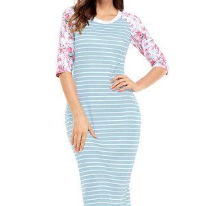 Women Stretch Cotton Blue Small stripes floral Pattern knee-length casual dress